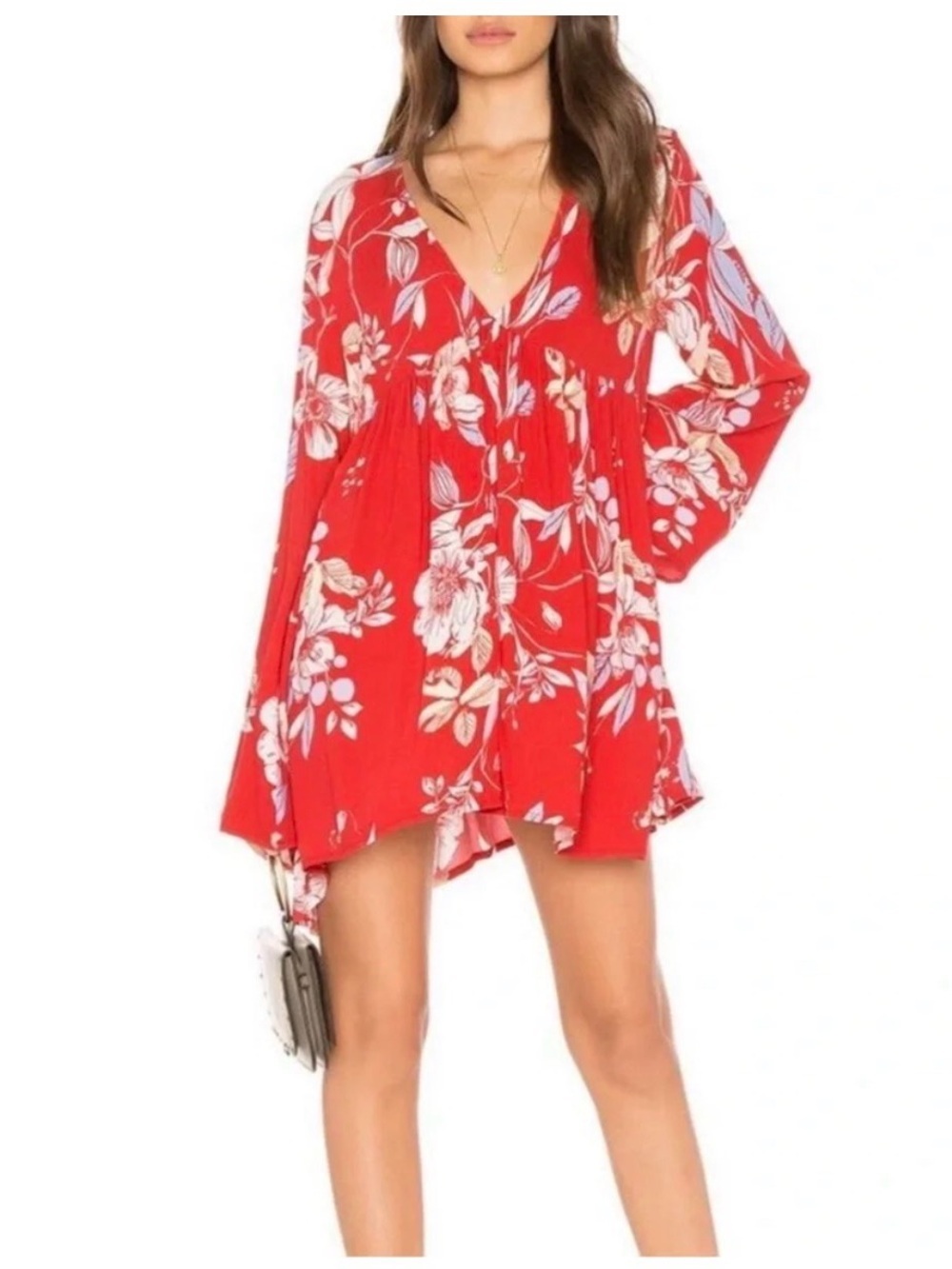 Free People Bella Floral Print Tunic Mini Dress Red Boho Babydoll Bell Sleeve S